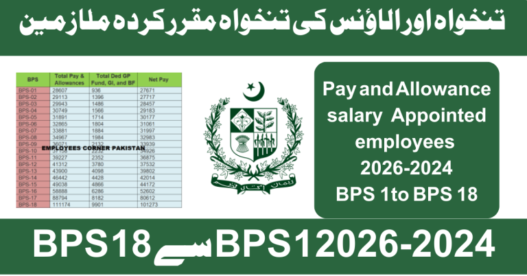 Pay and Allowance salary Appointed employees 2026-2024 BPS 1 to BPS 18