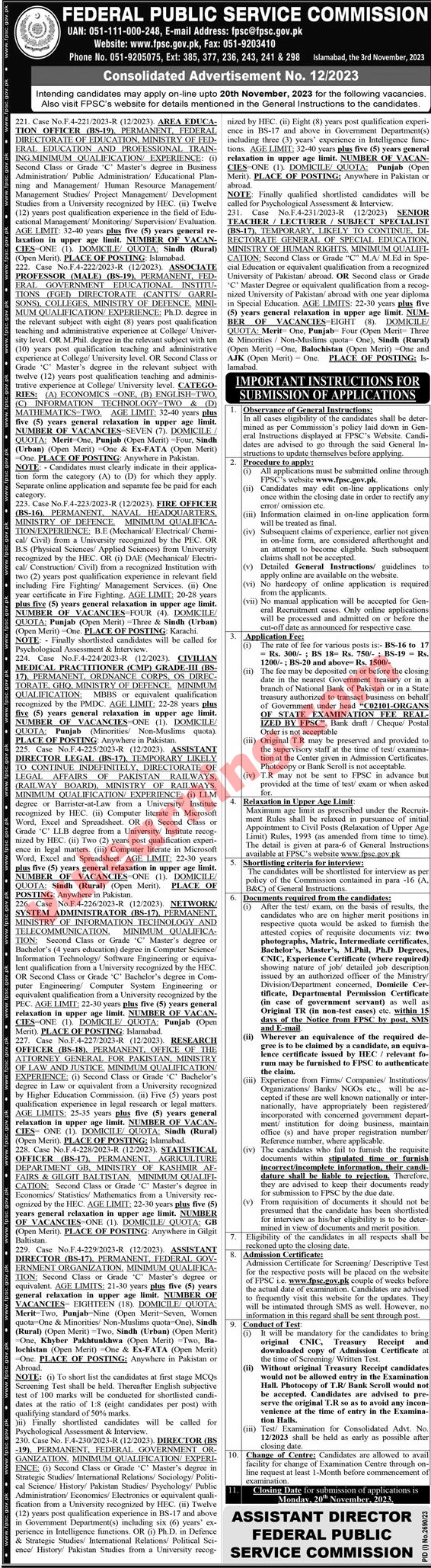 FPSC jobs Apply Online For Assistant Director,Teacher.Lecturers and other