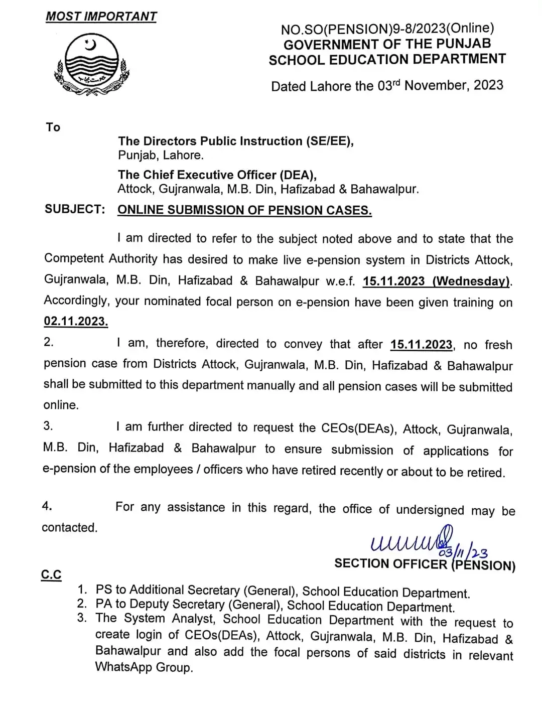 Notification of Online Submission of Pension Cases- Pension Paper SED Punjab
